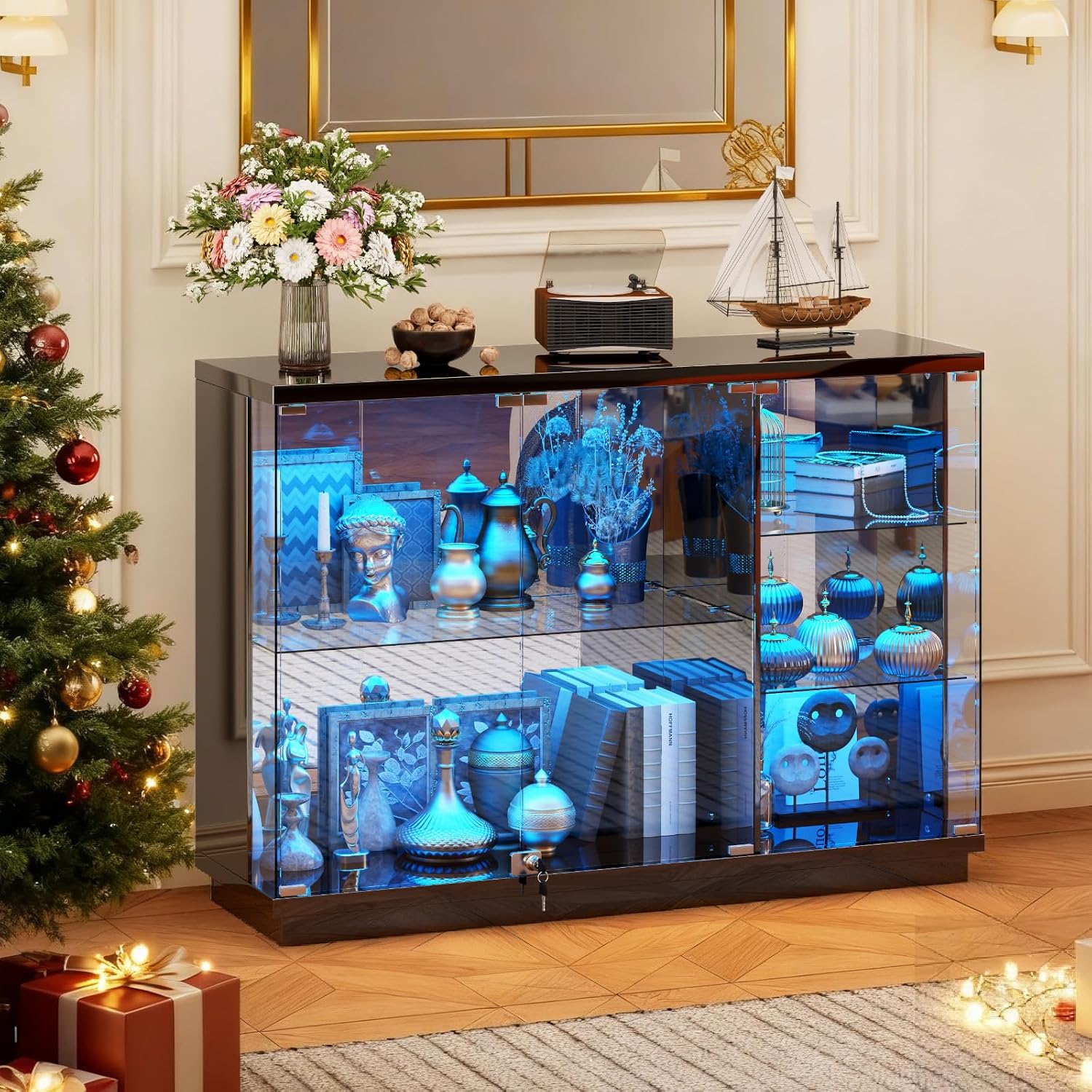 HNEBC Lockable Display Curio Cabinet with Glass Door,47.2' W Glass Display Cabinet with 3 Color Lights for Collectibles,5-Tier Lighted Display Case with Human Sensor,Living Room,Black