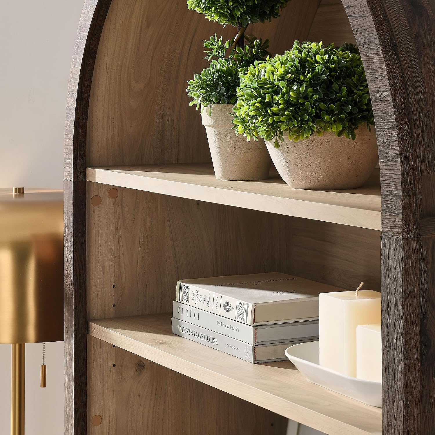 Modway Nolan Tall Arched Storage Display Cabinet in Dark Walnut - 74 Inch Arch Bookshelf with Open and Closed Shelving - Modern Accent Cabinet for Living Room, Dining Room
