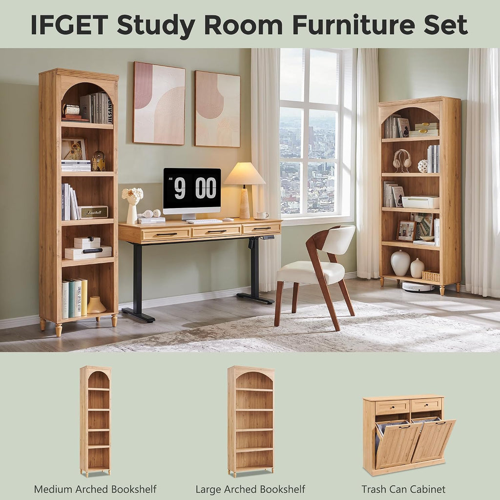 IFGET 76' Tall Arched Bookcase, Farmhouse 5 Tiers Narrow Arched Bookshelf Cabinet with Adjustable Shelves, Modern Wooden Book Shelf w/Storage and Open Display Shelves for Living Room, Office-Natural