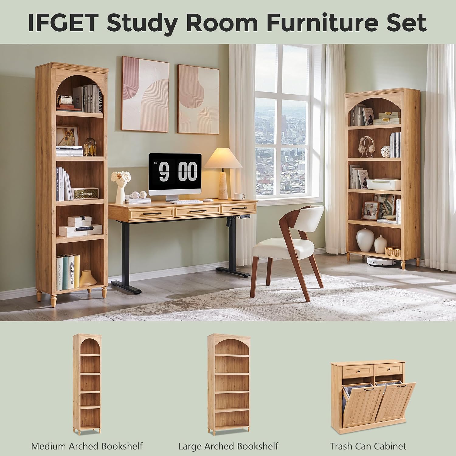 IFGET 76' Tall Arched Bookcase, Farmhouse 5 Tiers Narrow Arched Bookshelf Cabinet with Adjustable Shelves, Modern Wooden Book Shelf w/Storage and Open Display Shelves for Living Room, Office-Natural