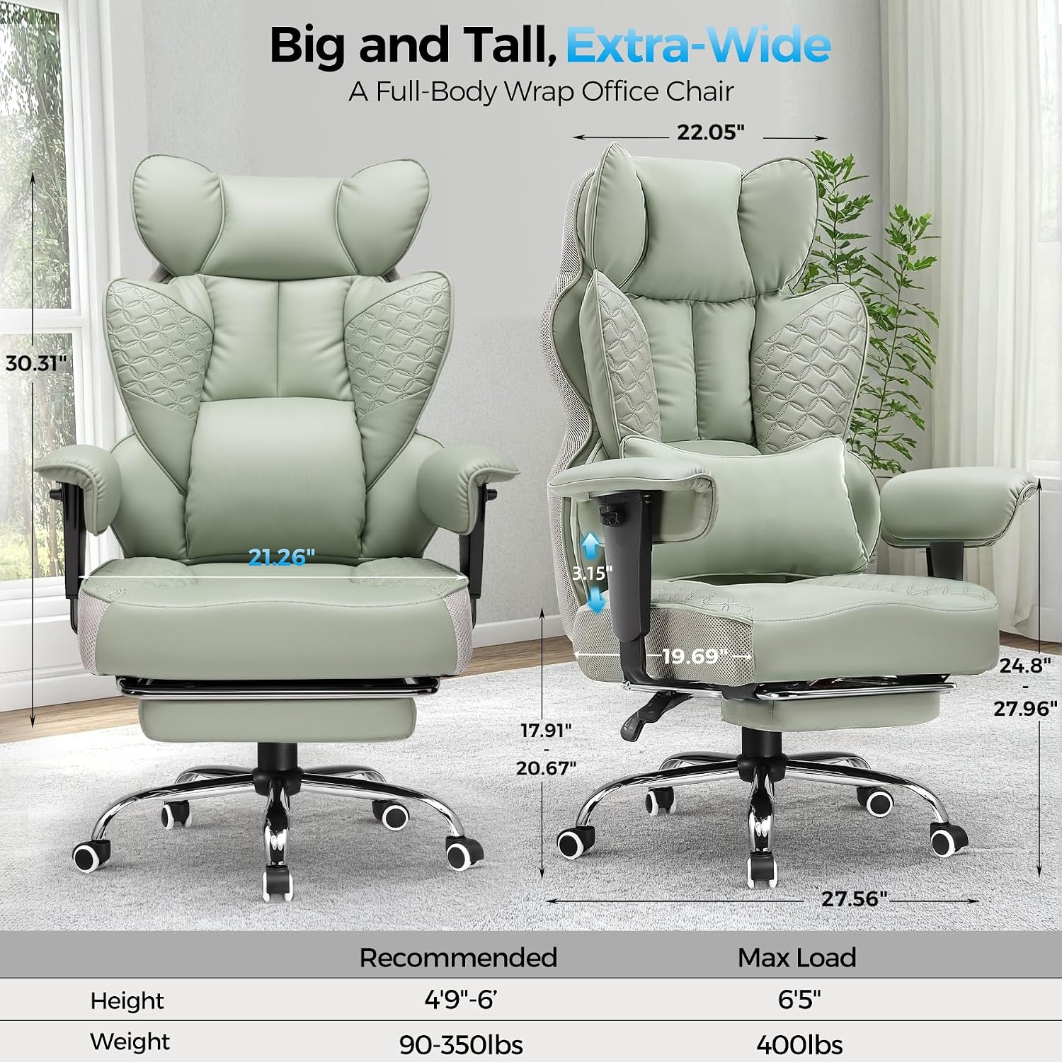 COMHOMA Big and Tall Office Chair Wide Ergonomic Gaming Chair with Deluxe Embossing Designed Leather with Foot Rest,150°Reclining Adjustable Armrests Pocket Spring Back Support and Pillow