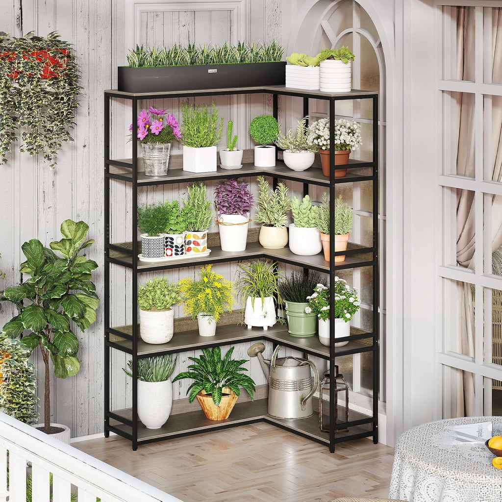 Giantex 5-Tier Corner Bookshelf, 71' L-Shaped Bookcase, Tall Etagere Bookshelf with Metal Frame, Industrial Open Display Shelf, Vertical Storage Rack for Living Room, Study, Office (Oak)