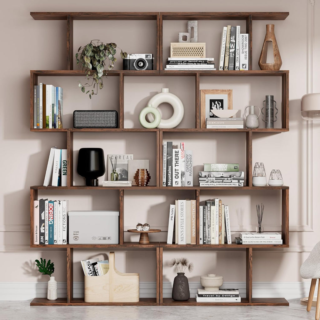 Cozy Castle Set of 2 Geometric Bookcase, S-Shaped Modern Bookshelf, Room Divider Bookshelf, 62' Tall Unique Abstract Bookcase with 5-Tier Display Shelf for Living Room Office, Rustic Brown