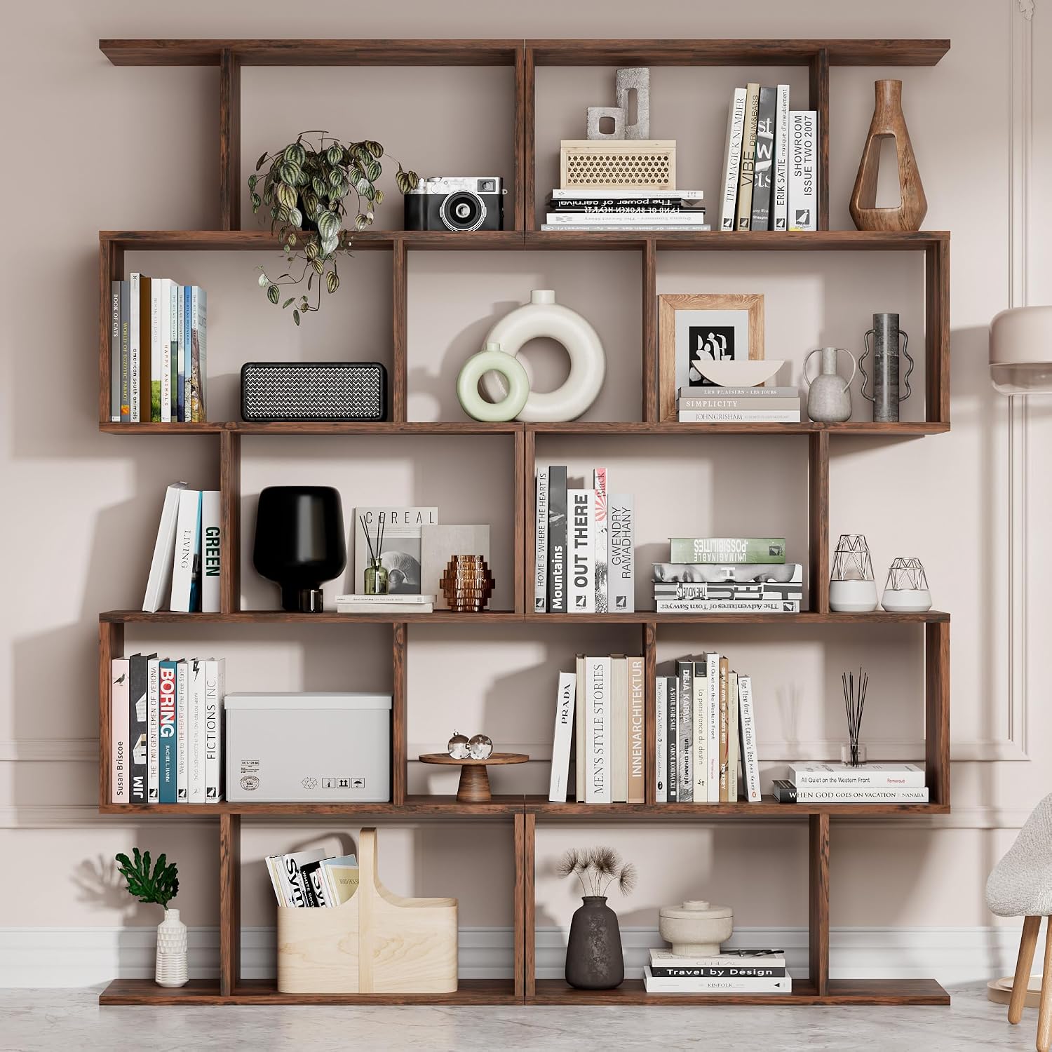 Cozy Castle Set of 2 Geometric Bookcase, S-Shaped Modern Bookshelf, Room Divider Bookshelf, 62' Tall Unique Abstract Bookcase with 5-Tier Display Shelf for Living Room Office, Rustic Brown