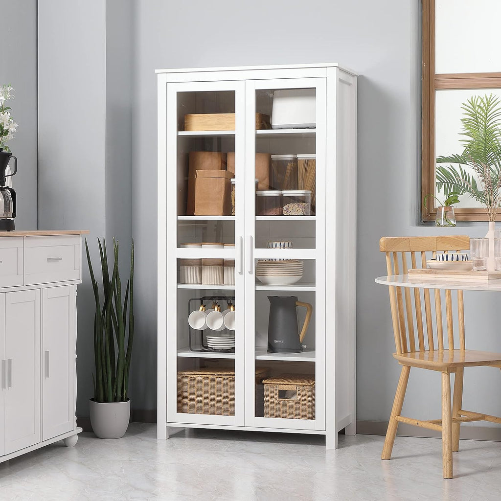 HOMCOM 63' Kitchen Pantry Cabinet, Freestanding Storage Cabinet, Display Cabinet with 2 Glass Door and 2 Adjustable Shelves for Dining Room, White