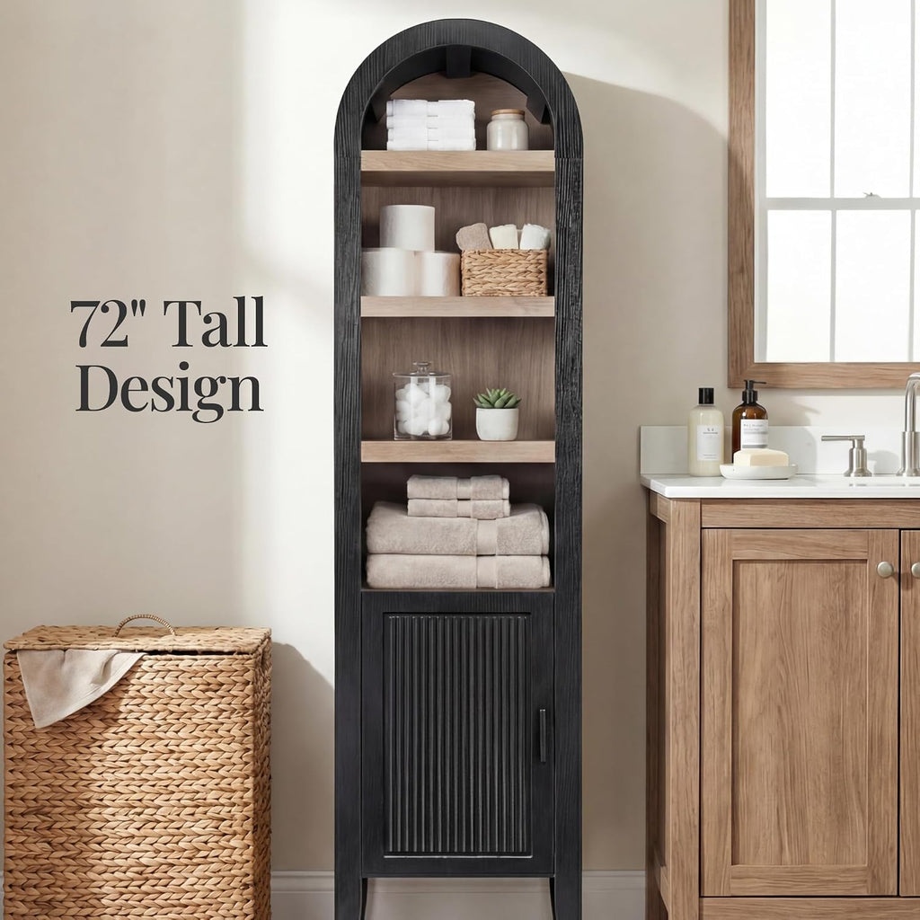 Best Choice Products 72' Tall Narrow Arched Pantry Cabinet w/Reeded Door, 4-Tier Bookshelf, Armoire, Hutch, Bookcase, Storage Cabinet w/Adjustable Shelves, for Dining Room and Livingroom - Black Oak