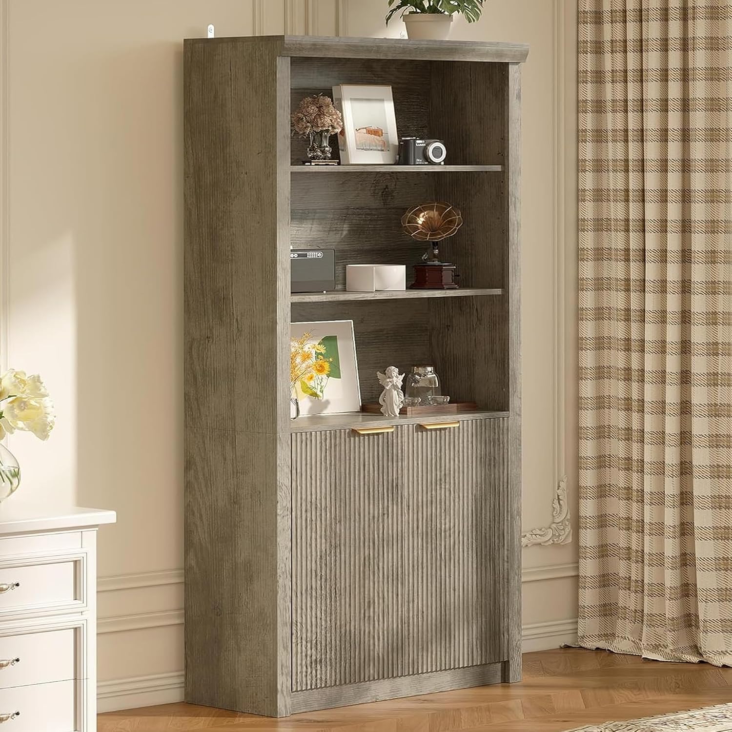 GarveeHome Tall Book Shelf and Bookcase, 31.5' Wide Wooden Bookcase with Doors, Farmhouse Book Case with Large Storage, 5-Shelf Bookcases with Adjustable top Shelve for Home Office, Living Room,Grey
