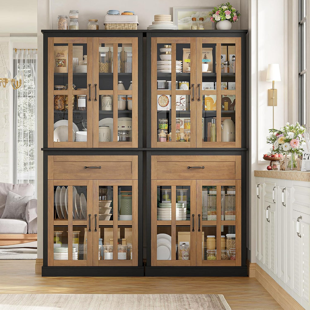 FOTOSOK 71'' Tall Kitchen Cabinet with Glass Doors and Drawer, Freestanding Food Pantry with Adjustable Shelves for Dining, Living Room, Natural
