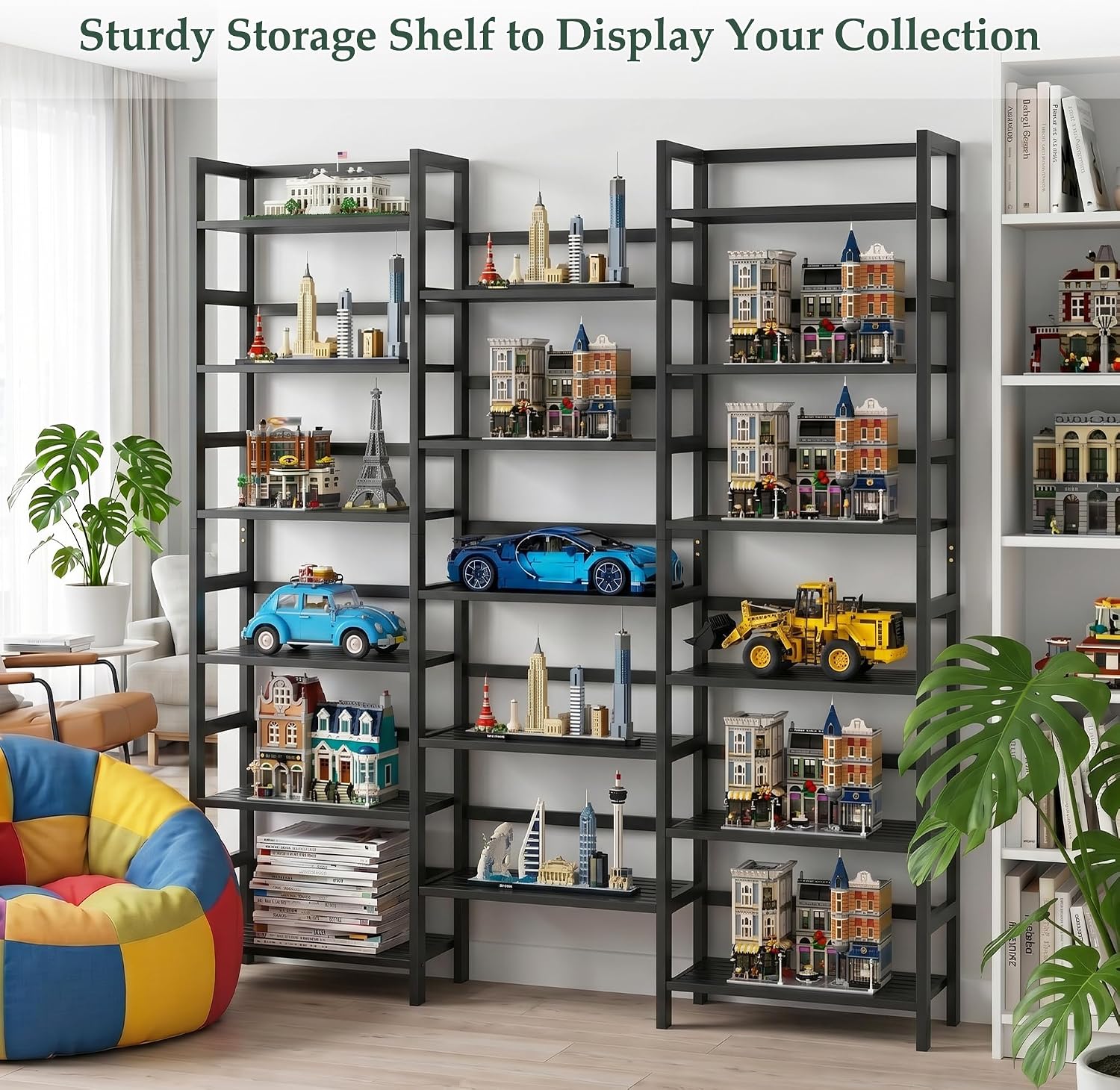 Homykic Bamboo Bookshelf, 71' Tall Triple Wide Bookcase with 17 Open Storage Shelves, 6-Tier Etagere with Back Rails, Large Display Shelf for Books, Plants, Home Office, Max Load 748LBS, Black