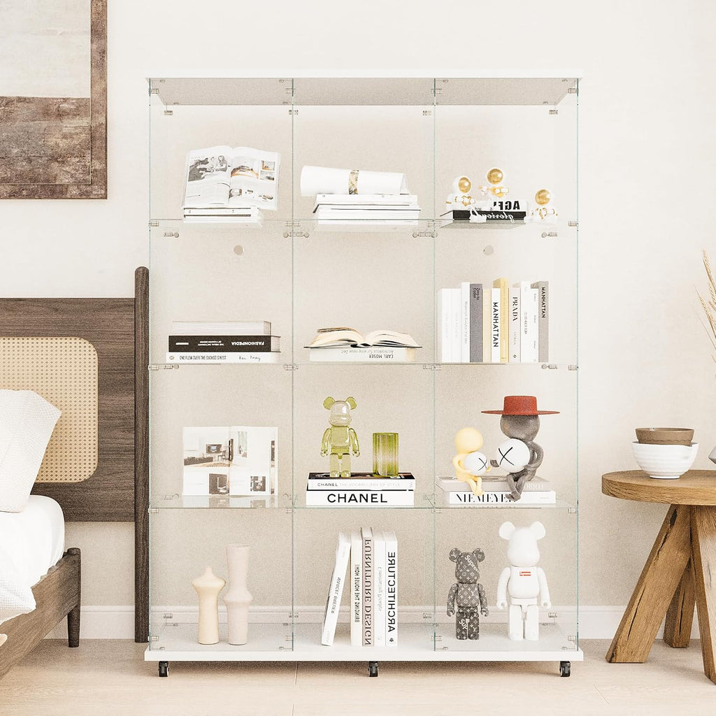 Beauty4U Glass Display Cabinet with 12 Shelves, Extra Large 3 Columns 2 Doors Curio Cabinets for Living Room, Bedroom, Office, White Floor Standing DIY Glass Bookshelf, Quick Installation