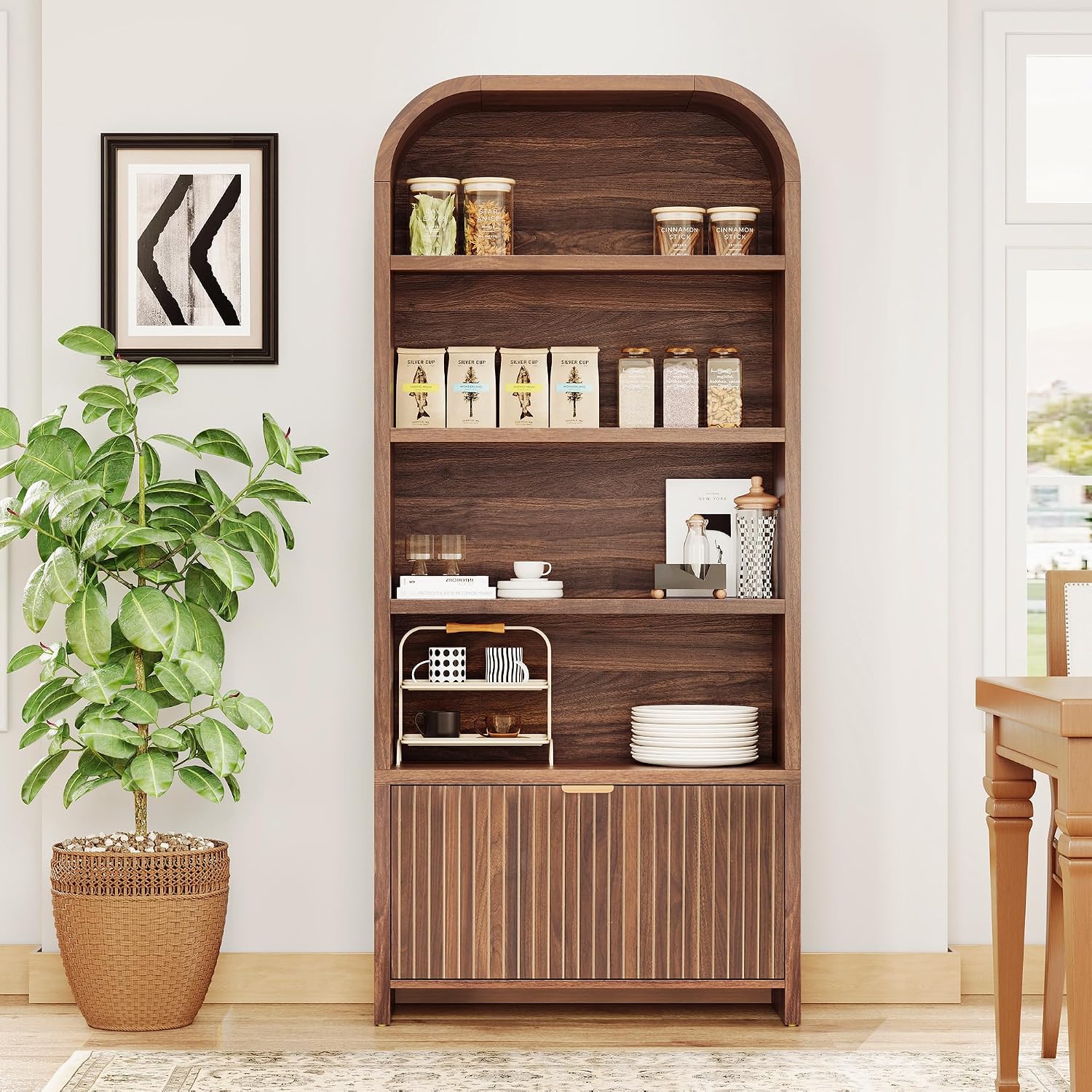 LEVNARY Arched Bookcase with Drawer, 70' Tall 5-Tier Bookshelf with Fluted Carved Drawer, Freestanding Display Storage Cabinet for Living Room Bedroom Home Office (Walnut)