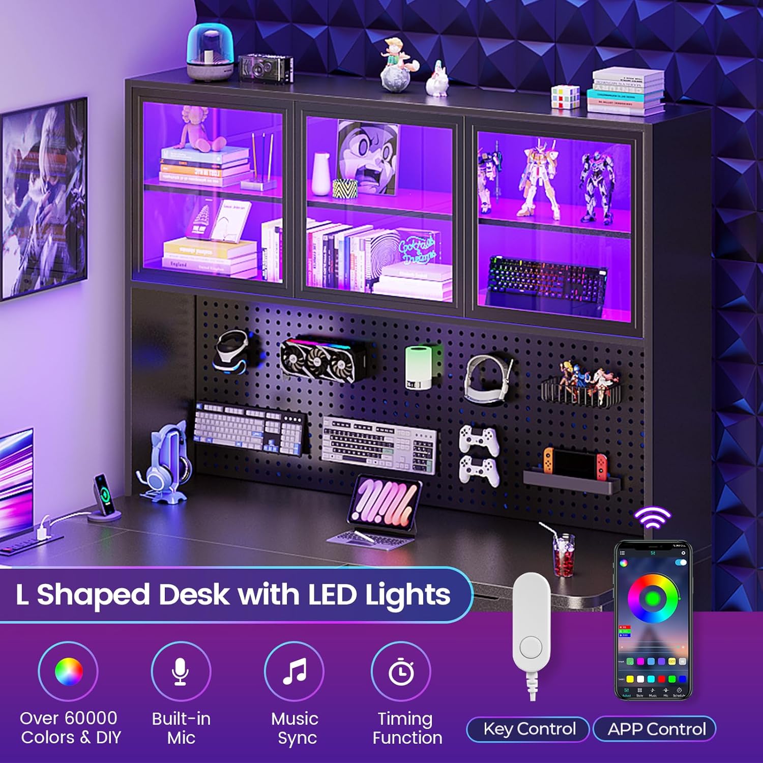 SEDETA L Shaped Computer Desk, L Shaped Corner Gaming Desk with 3 Wood Drawer and Large Bookshelf, Home Office Desk with LED Light, Display Cabinet and Pegboard, 27.5' W Large Desktop Table, Black