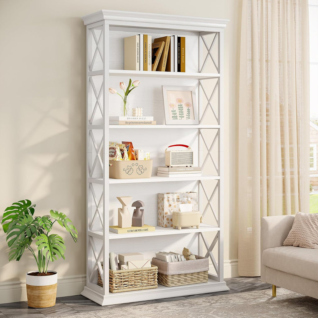 Tribesigns 6-Tier Bookcase, 71 Inches Industrial Bookshelves and Bookcases, Floor Standing 5 Shelf Display Storage Shelves Tall Bookcase for Home Office, Living Room, Bed Room, White
