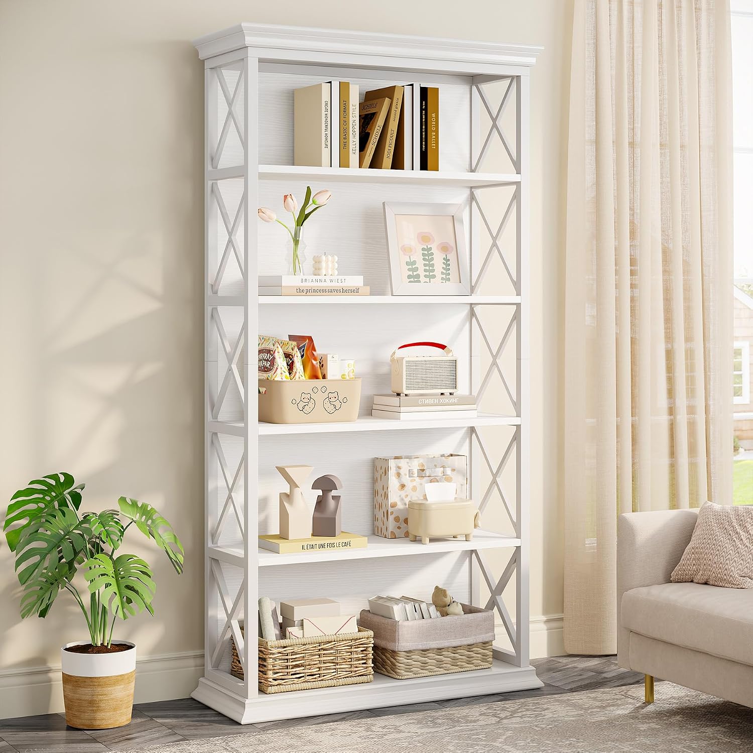 Tribesigns 6-Tier Bookcase, 71 Inches Industrial Bookshelves and Bookcases, Floor Standing 5 Shelf Display Storage Shelves Tall Bookcase for Home Office, Living Room, Bed Room, White