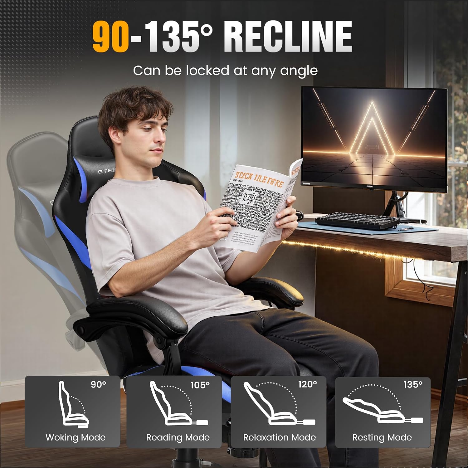 GTPLAYER Gaming Chair with Foot Rest & Pocket Spring Cushion, Ergonomic High Back Computer Chair with Headrest & 360°-Swivel Seat for Home Office Desk, PU Leather, Blue