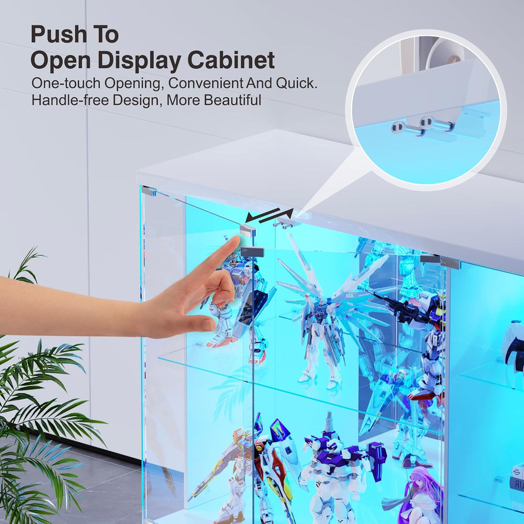 Lvifur High Gloss Display Cabinet - with Lock & LED Light, Curio Cabinet with Human Body Sensor & Glass Shelves for Toys, Books, Collectibles, Liquor, Bookcase for Living Room, Kitchen, Study, White