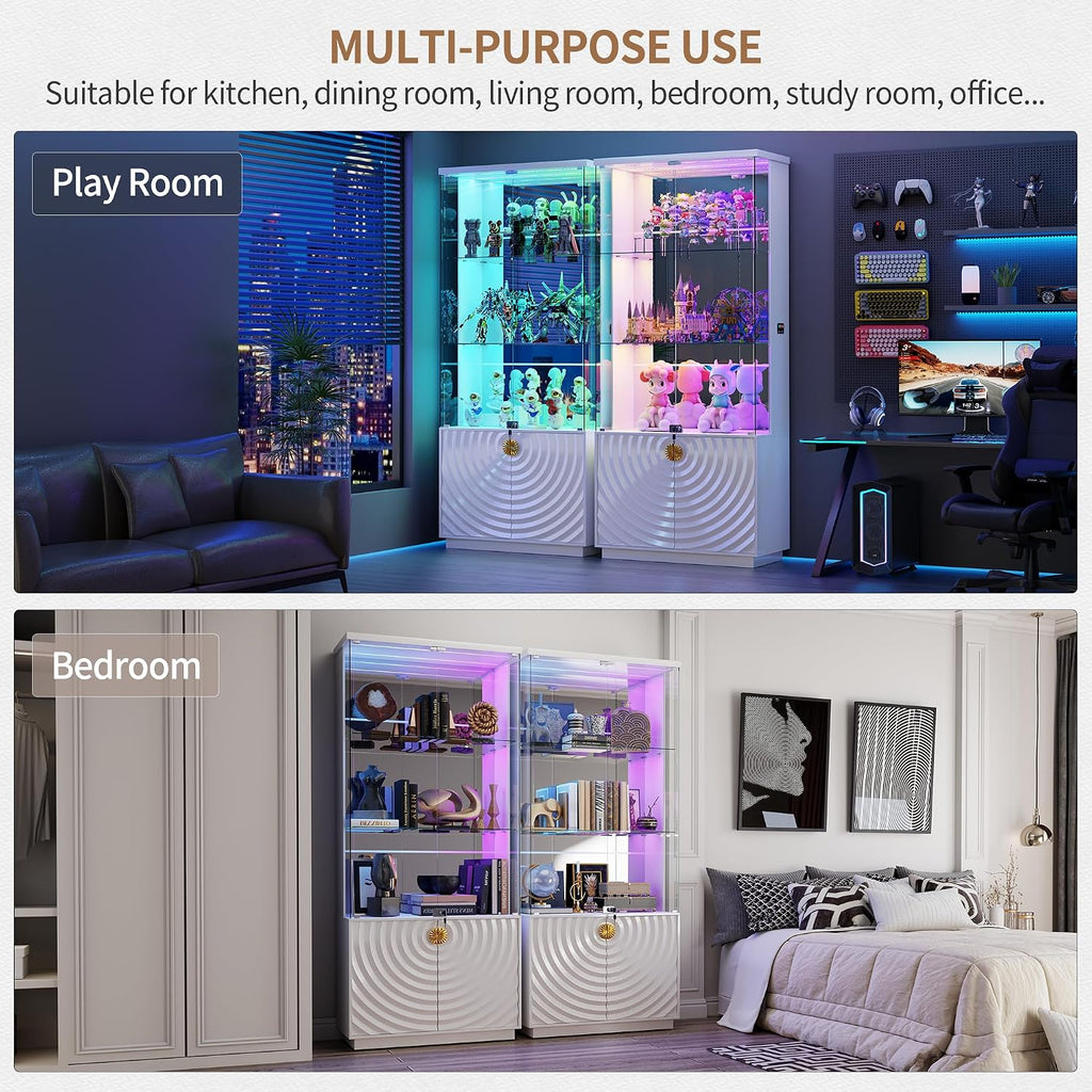 Lvifur 4-Tier Display Cabinet with Glass Doors,71''H Lockable Curio Cabinet with RGB Lights for Collectibles,White Glass Display Cabinet with Human Body Sensor,Glass Shelves,Living Room