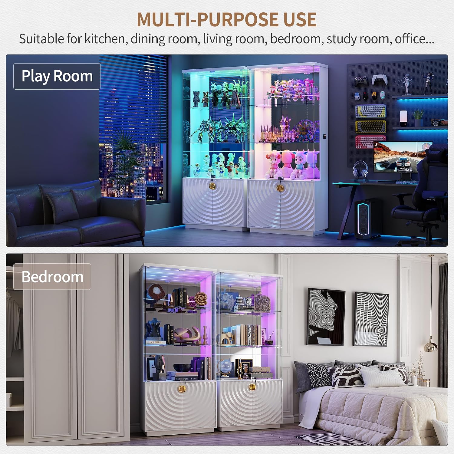 Lvifur 4-Tier Display Cabinet with Glass Doors,71''H Lockable Curio Cabinet with RGB Lights for Collectibles,White Glass Display Cabinet with Human Body Sensor,Glass Shelves,Living Room