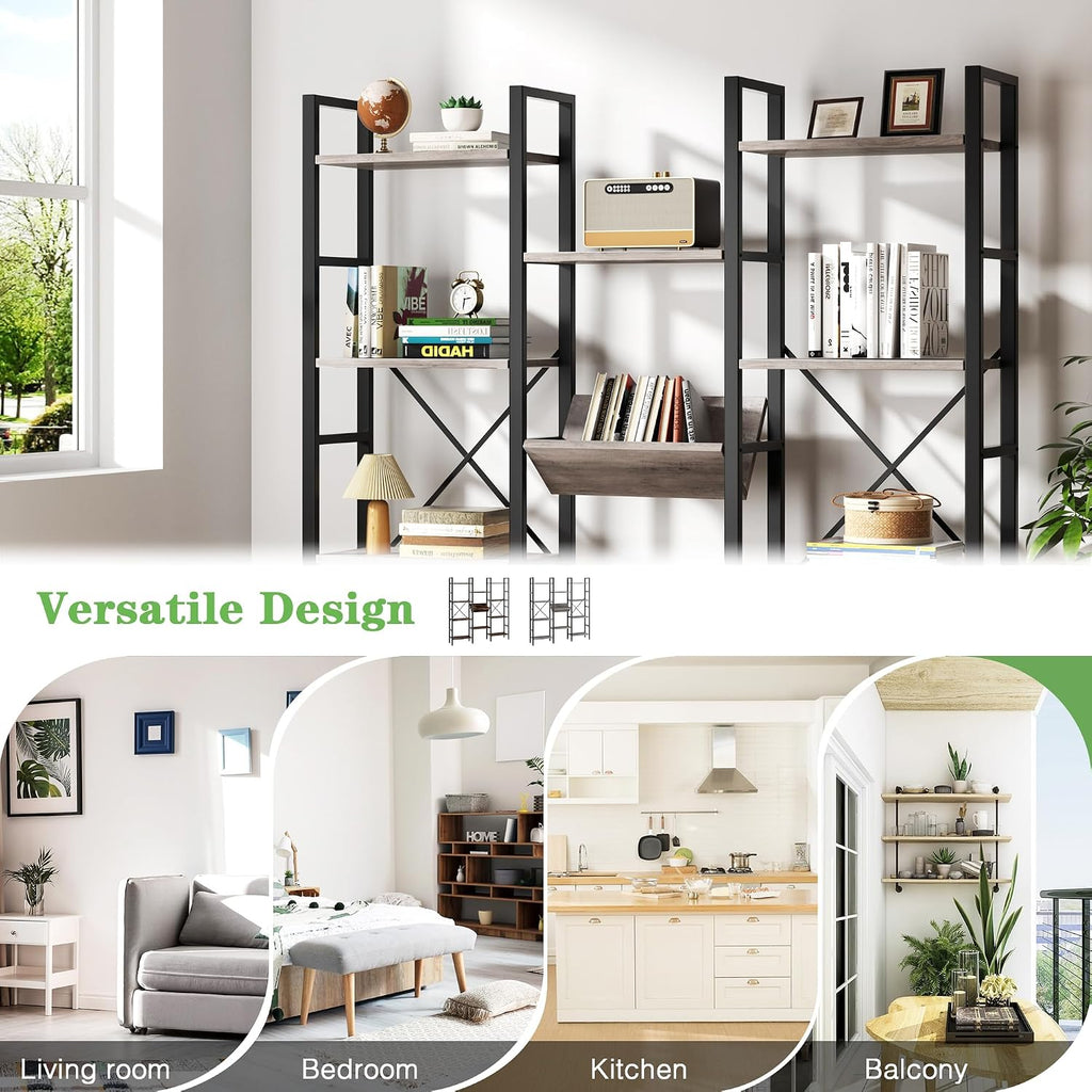 Triple Wide 4 Tier Bookcase, 11 Open Display Shelves, Free Standing, Adjustable Shelves for Home, Living Room, Bedroom, Grey