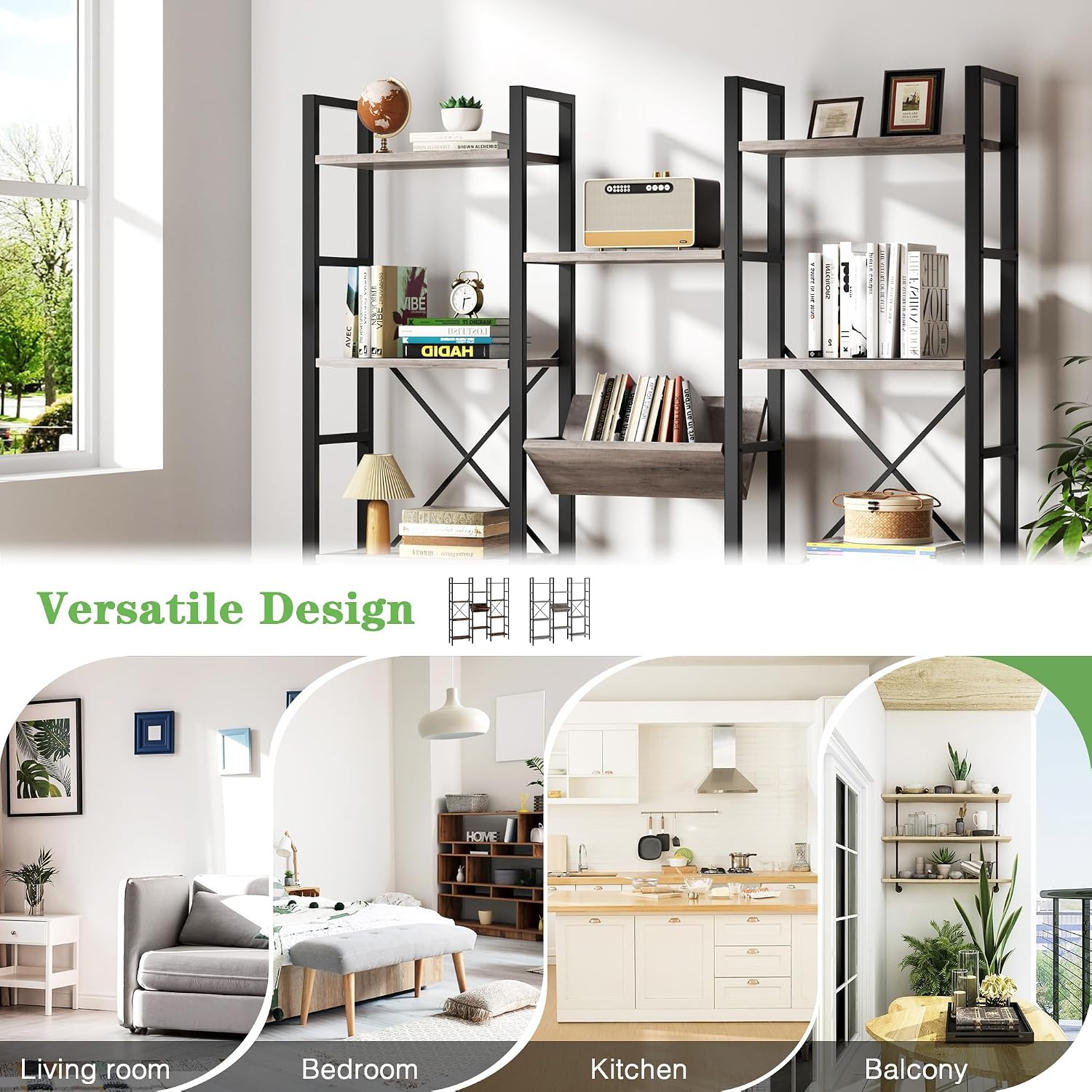 Triple Wide 4 Tier Bookcase, 11 Open Display Shelves, Free Standing, Adjustable Shelves for Home, Living Room, Bedroom, Grey