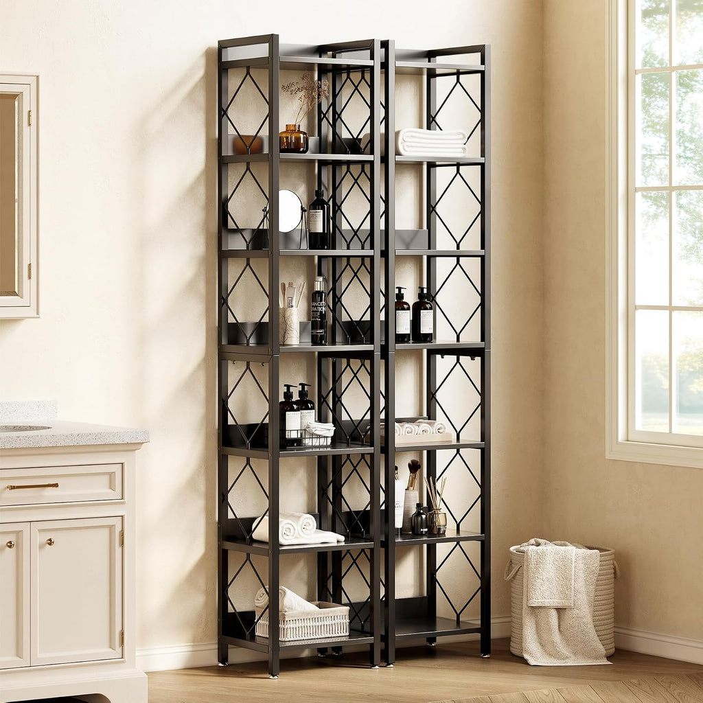 LITTLE TREE Book Shelf Set of 2, 7-Tier Tall Bookcase, Wooden Display Shelves with Metal Frame for Living Room, Modern Narrow Standing Bookshelves for Bedroom, Black Office Shelf for Small Spaces