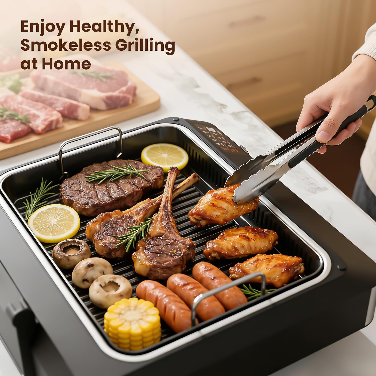 Kismile 2-in-1 Griddle and Indoor Grill,Electric Smokeless Grill with Temperature Probe,Temperature Control & display screen,for Indoor Steaks,Family Cooking(Black)
