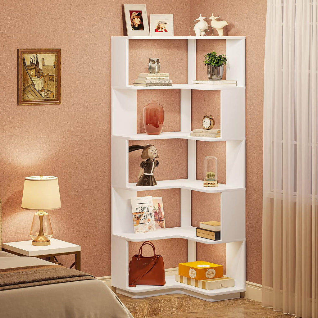 Tribesigns 6-Tier Corner Bookshelf, 64.9 Inches Tall Corner Book Shelf with Anti-Drop Panel, Modern Bookcase with Storage, Wood Display Shelving Unit for Home Office, Living Room, White