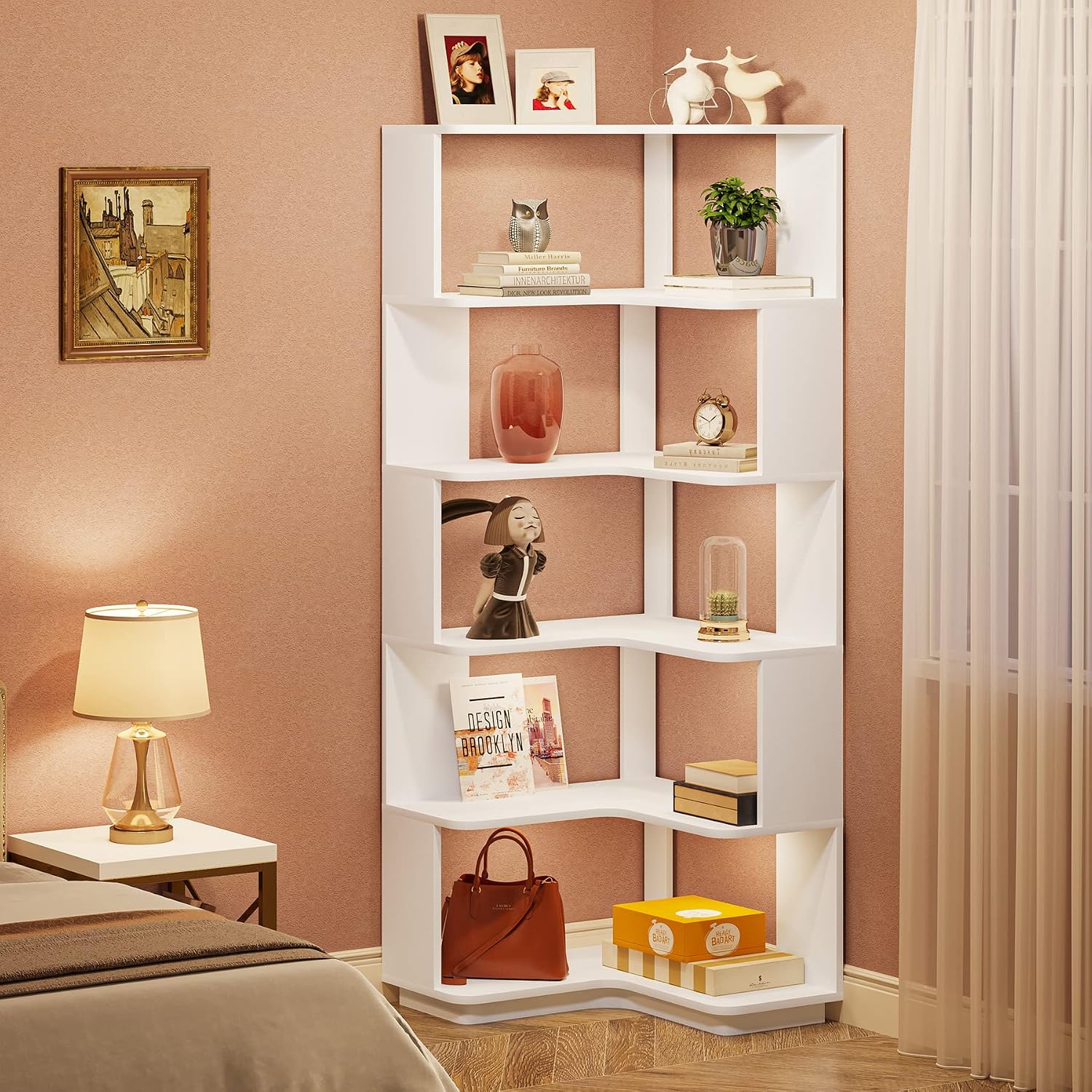 Tribesigns 6-Tier Corner Bookshelf, 64.9 Inches Tall Corner Book Shelf with Anti-Drop Panel, Modern Bookcase with Storage, Wood Display Shelving Unit for Home Office, Living Room, White