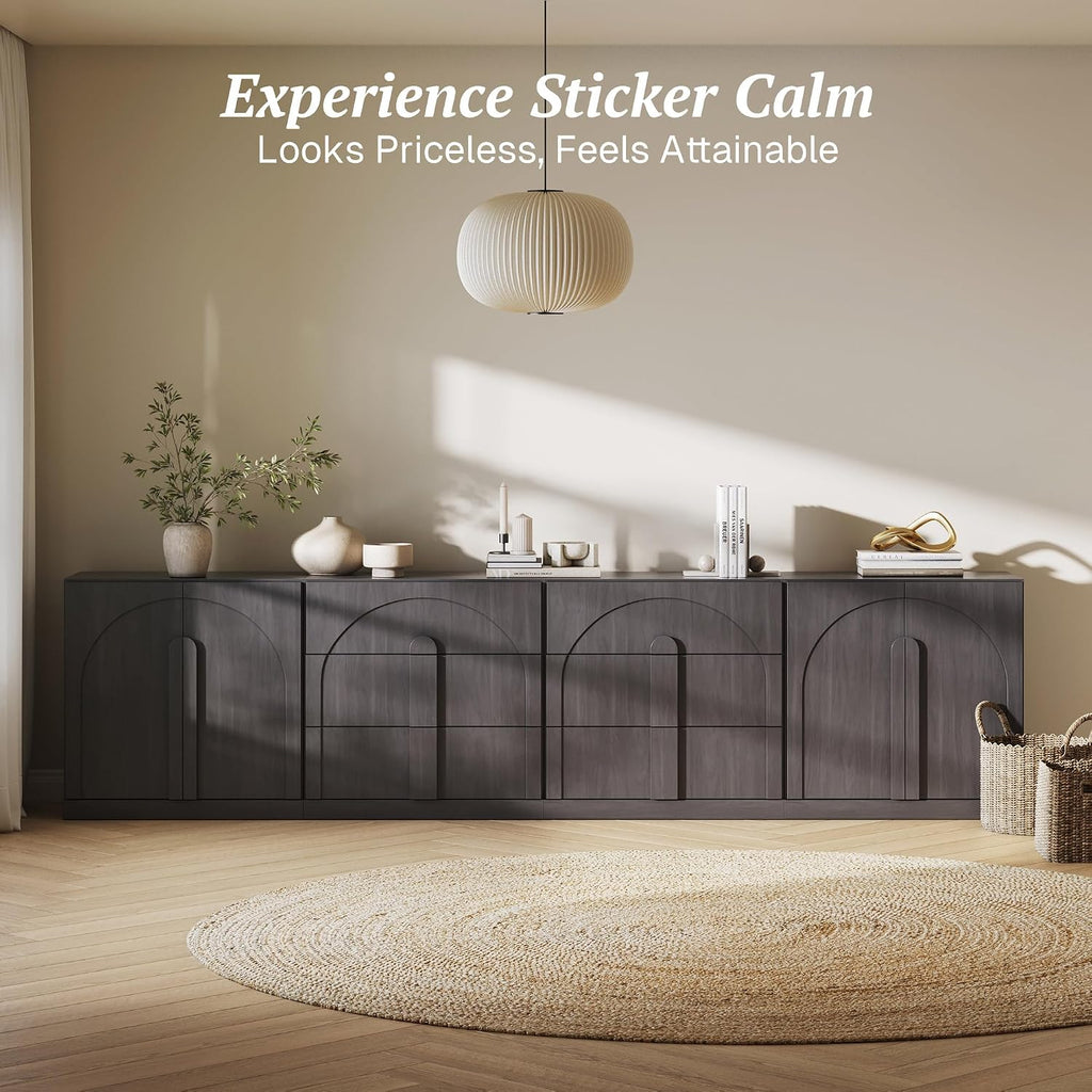 BELLEZE Modular Sideboard Cabinet Set Freely Configurable, 4-Piece Modern Buffet Cabinet 2 Arched Wood Door Credenza and 2 3-Drawer Storage, Media Console for Living Room Kitchen, Ebony