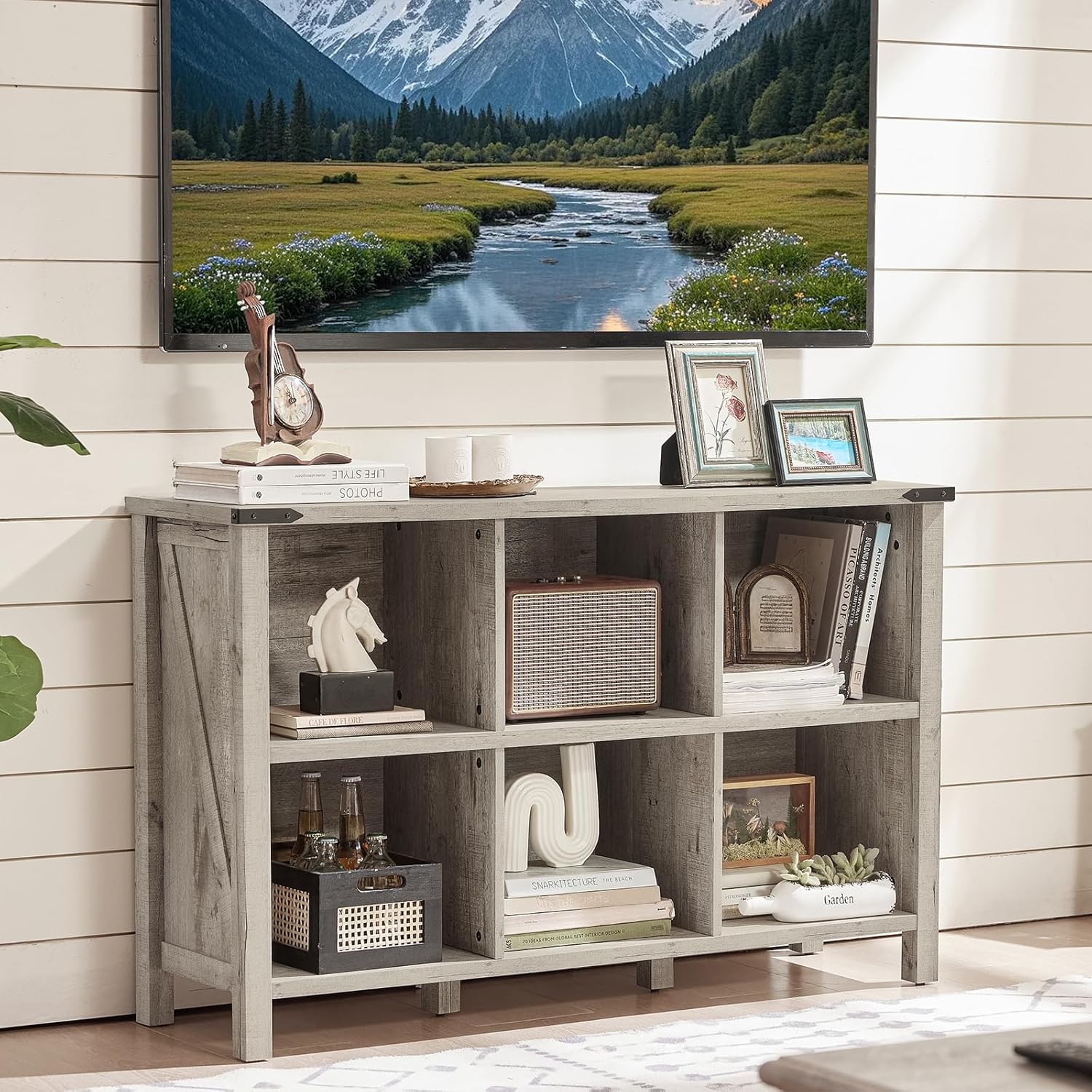 Joaxswe Farmhouse 6 Cube Bookshelf, Rustic Grey Oak Wooden Storage Organizer Book Shelf, 47 Inch Cubby Hallway Bookcase, Kids Toy Storage Cabinet, Modern Open Book Case for Living Room, Hallway