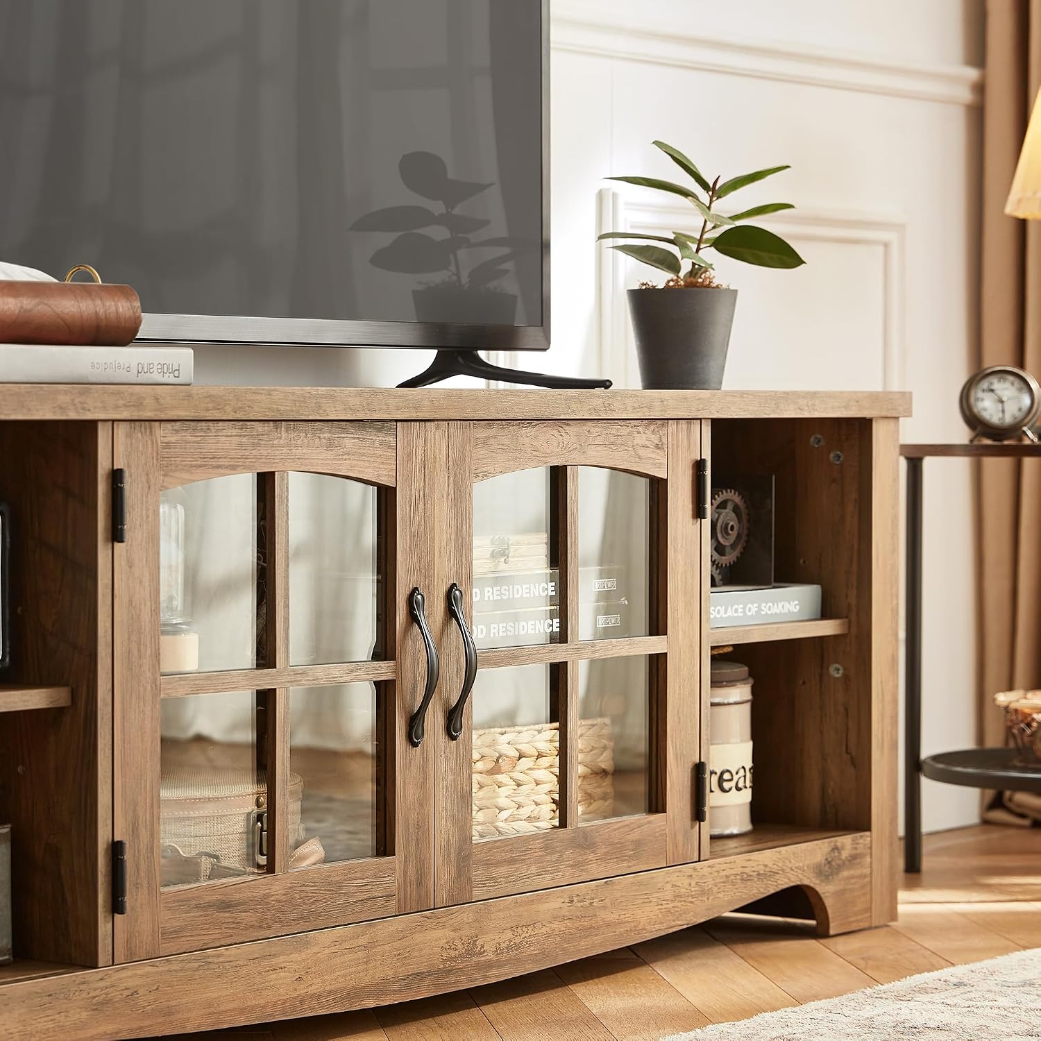 LINSY HOME TV Stand for 75 Inch TV, Modern Farmhouse Entertainment Center with Storage Cabinets and Glass Doors, Tall Media Console Table for Living Room, Bedroom, Large Long Television Stand, Brown