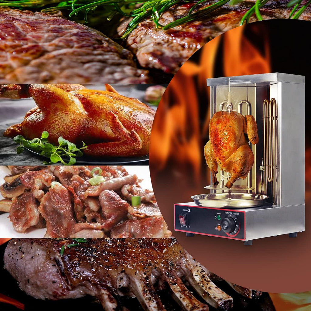 Li Bai Shawarma Machine Electric Vertical Kebab Grill Gyro Rotisserie Oven Meat Broiler with 2 Heating Tubes Stainless Steel Body 110V For Home Restaurant Kitchen（Registered Design Patent）