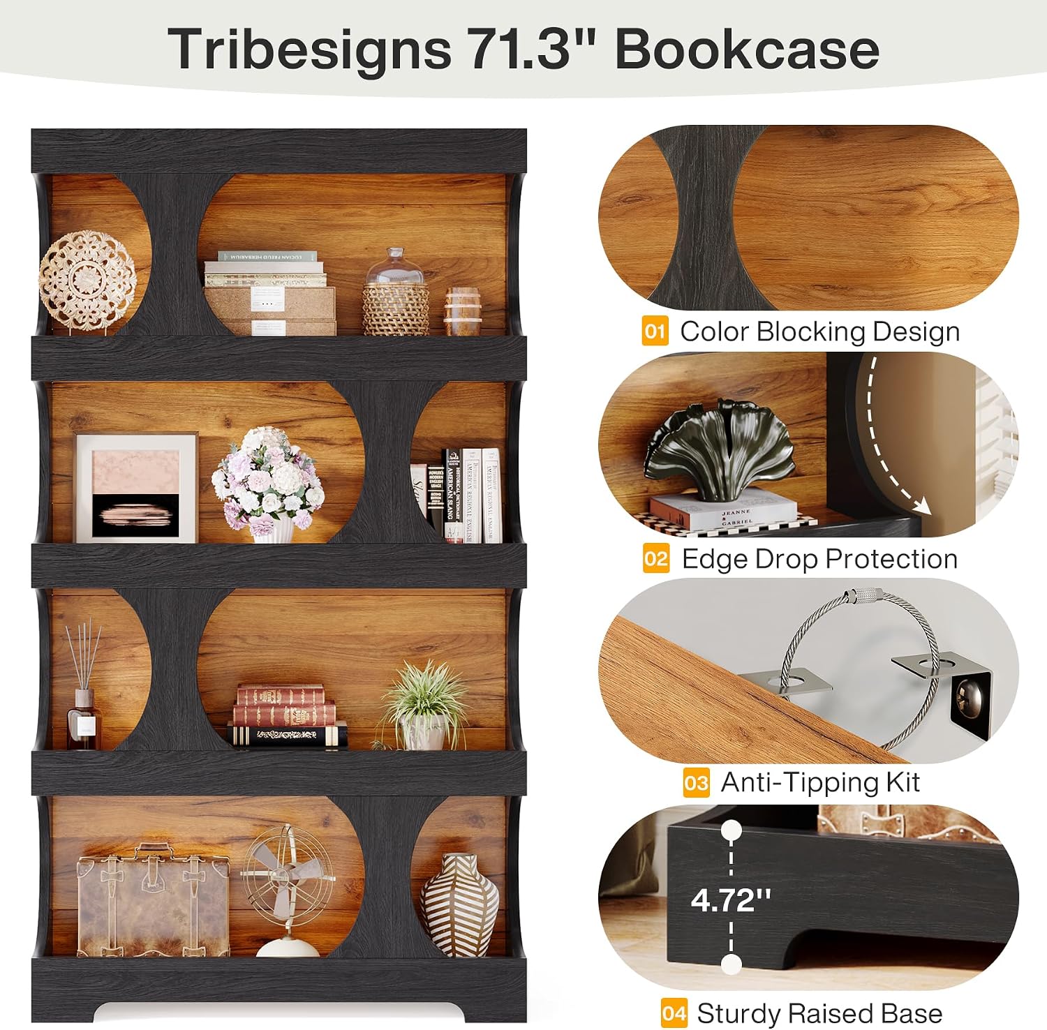 Tribesigns 71' Tall Bookcase Set of 2, 4-Tier S-Shaped Bookshelf, Wood Decorative Storage Shelving, Modern Freestanding Display Shelves, Large Library Bookshelf Unit for Home Office, Black & Brown