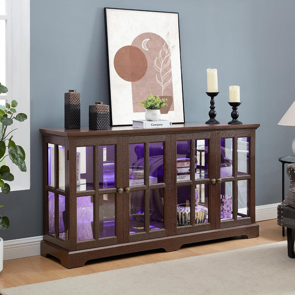 59' Glass Curio Display Storage Cabinet, 4 Doors LED Light Multipurpose Tableware Display Sideboard w/Mirrored Back Pane, Vintage Storage TV Stand for Living Room (Cherry)