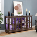 59' Glass Curio Display Storage Cabinet, 4 Doors LED Light Multipurpose Tableware Display Sideboard w/Mirrored Back Pane, Vintage Storage TV Stand for Living Room (Cherry)