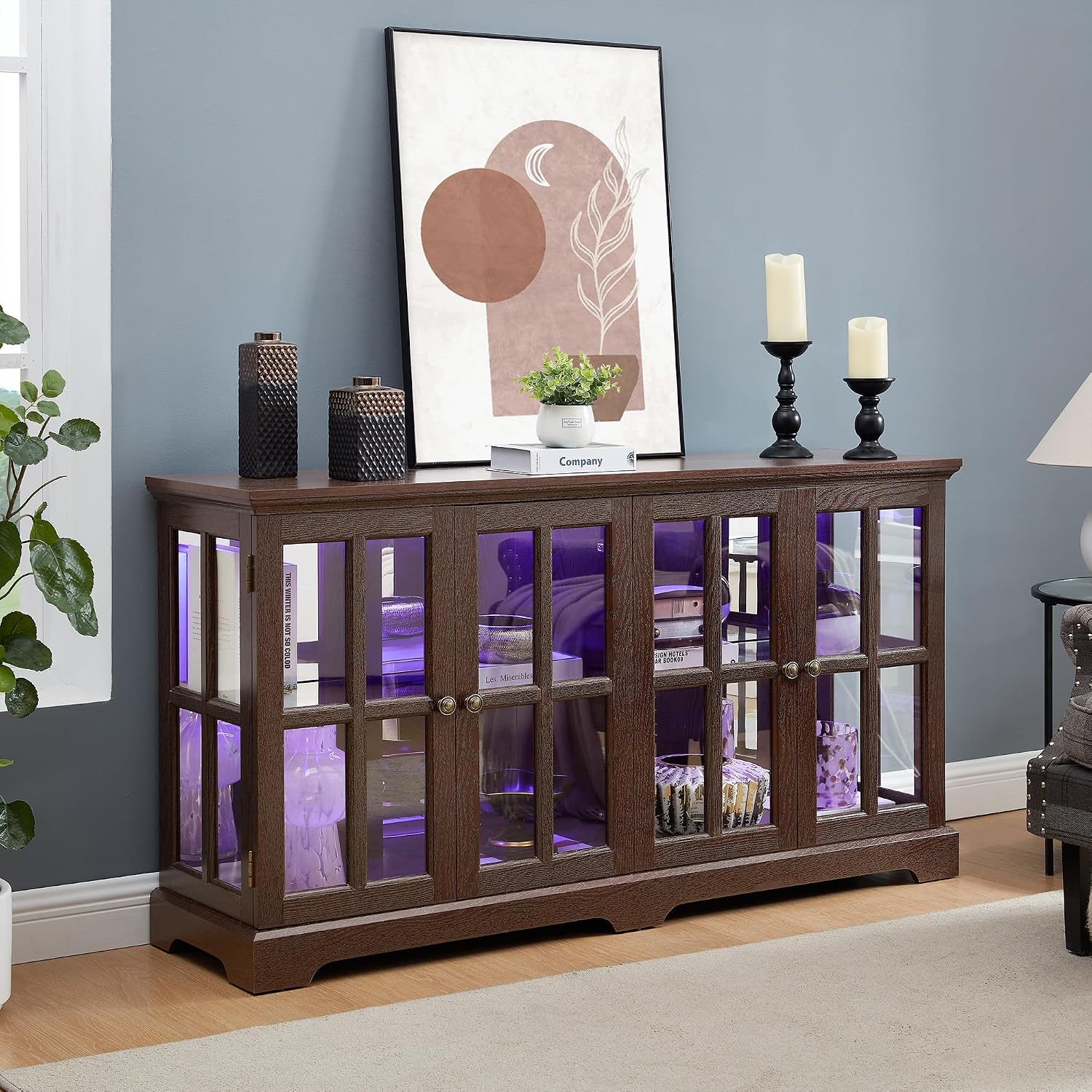 59' Glass Curio Display Storage Cabinet, 4 Doors LED Light Multipurpose Tableware Display Sideboard w/Mirrored Back Pane, Vintage Storage TV Stand for Living Room (Cherry)