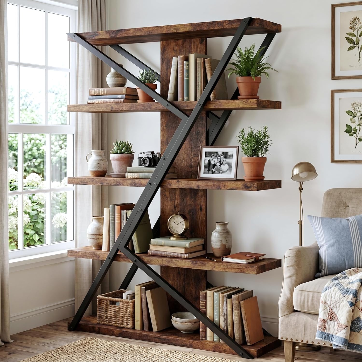 FUSUNBAO Industrial Bookshelf, Vintage 5-Tier Tall Bookcase with Wood and Metal Frame, Rustic Large Display Shelf for Home Office, 67' H x 47' L x 12' W, Rustic Brown