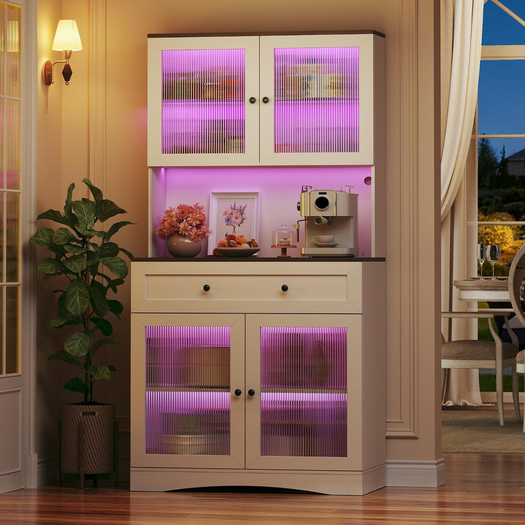 HUAHUU 71' Pantry Cabinet with LED Lights and Charging Station, Kitchen Pantry Storage Cabinet with Large Drawer, 4 Doors and 3 Adjustable Shelves, Kitchen Cabinets with Countertop, Light White