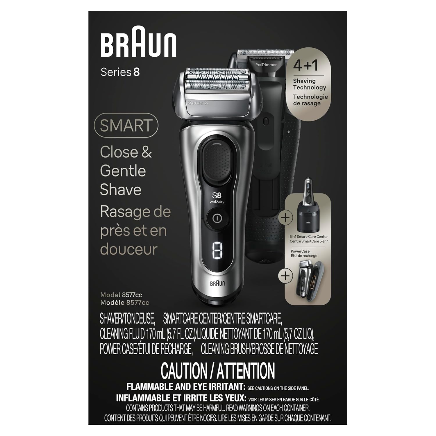 Braun Series 8 Electric Shaver, Shaving Kit with 4+1 Shaving Elements, Precision Long Hair Trimmer, SmartCare Center, PowerCase