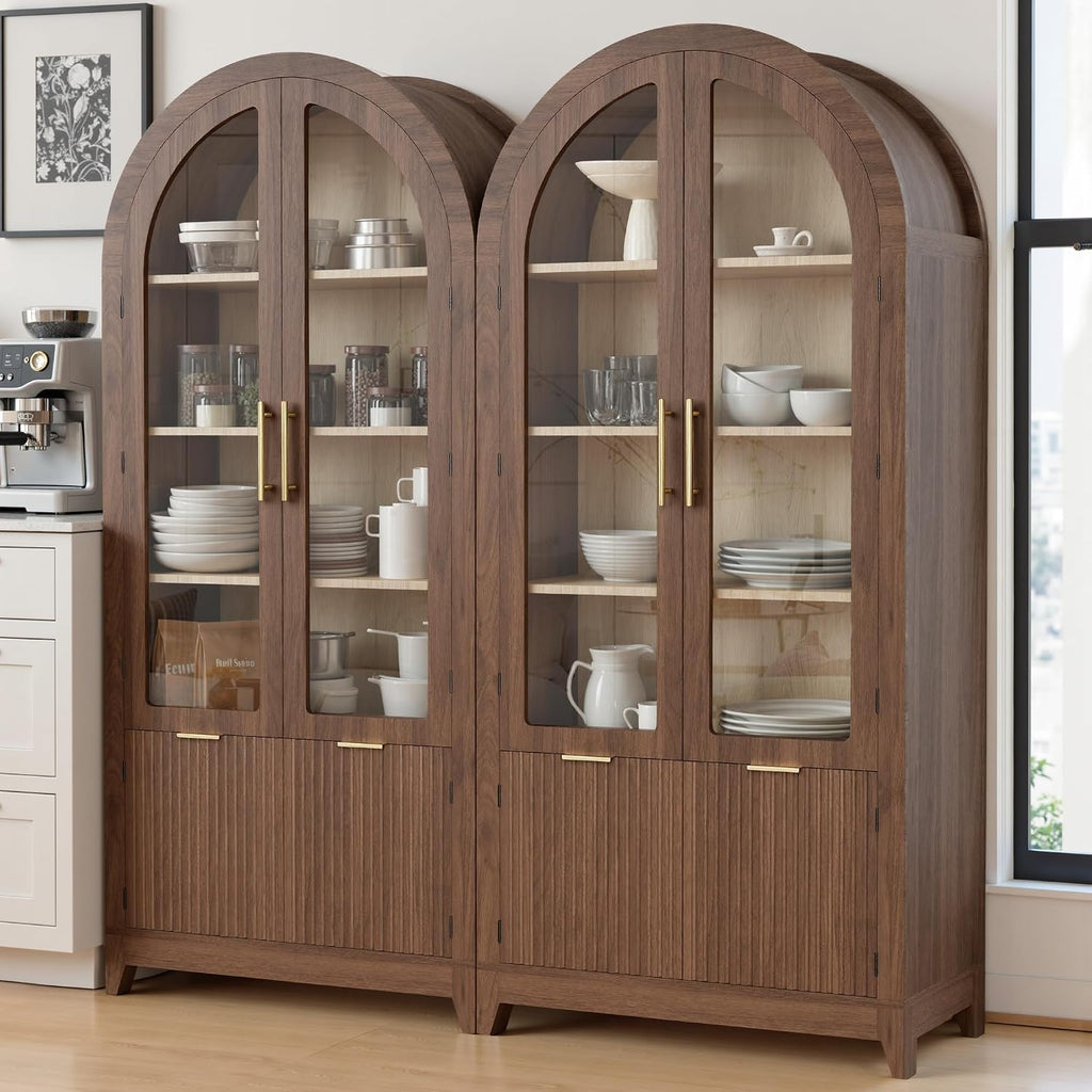 win2win Tall Arched Cabinet with Glass Doors, 69' Pantry Storage Cabinets with Fluted Doors & Adjustable Shelves, Mid Century Modern Wood Display Bookcase for Kitchen, Living Room, Bathroom, Walnut