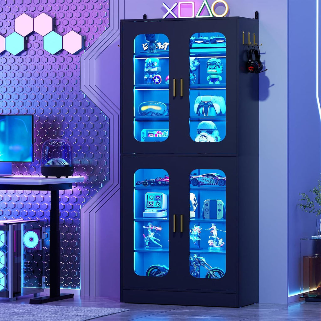 Cyclysio 67' Display Cabinet with PC Doors & LED Lighting - 8-Tier Storage Cabinet with 330lb Capacity & Adjustable Shelves for Entryway, Bedroom (Black, Set of 1)