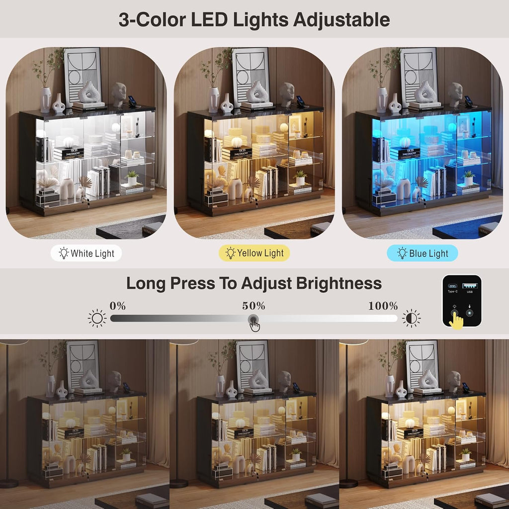 Lvifur High Gloss Display Cabinet - with Lock & LED Light, Curio Cabinet with Human Body Sensor & Glass Shelves for Toys, Books, Collectibles, Liquor, Bookcase for Living Room, Kitchen, Study, Black