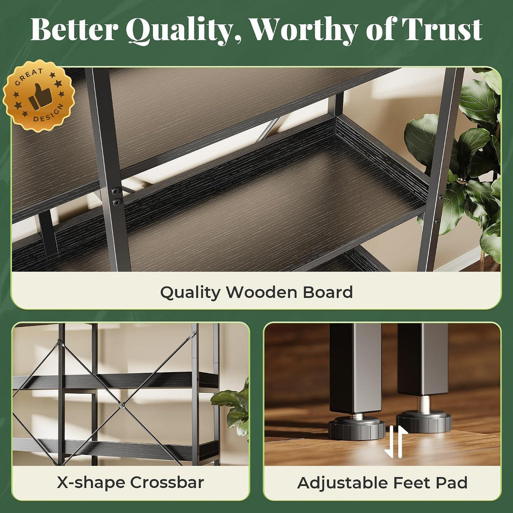 Huuger 5 Tier Bookshelf, Display Bookshelf with 10 Open Shelves and Raised Baffle, 47.2 Inch Straight Wide Bookcase with Metal Frame and Wooden Board, Adjustable Feet, Black
