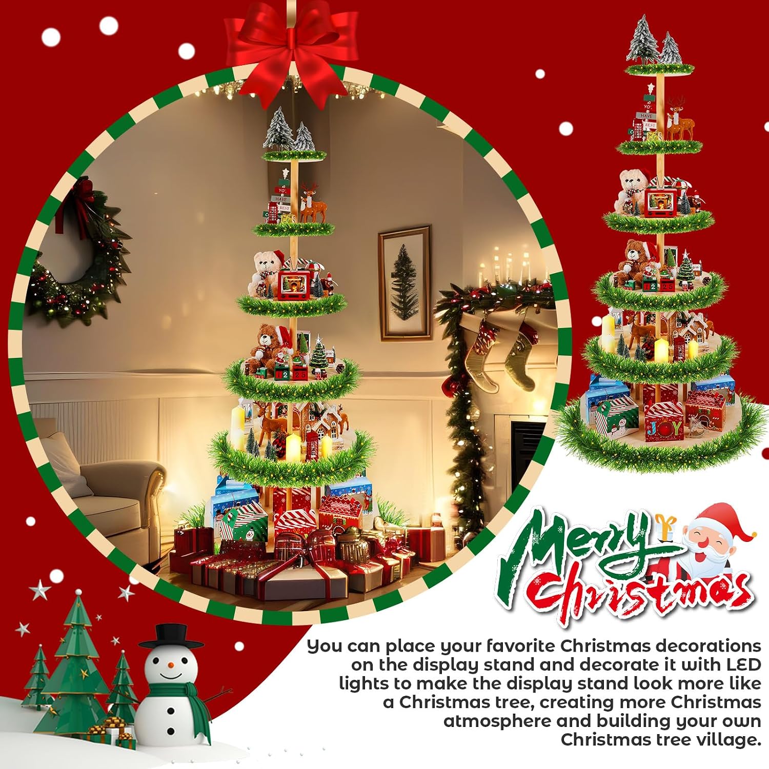 DoubleFill 6 Tier 72 Inch Christmas Tree Village Stand Christmas Bookshelf Display Supply Large Xmas Ornament Displays Tree Stands Xmas Wooden Display Trees Stand for Holiday Displays(Circle)