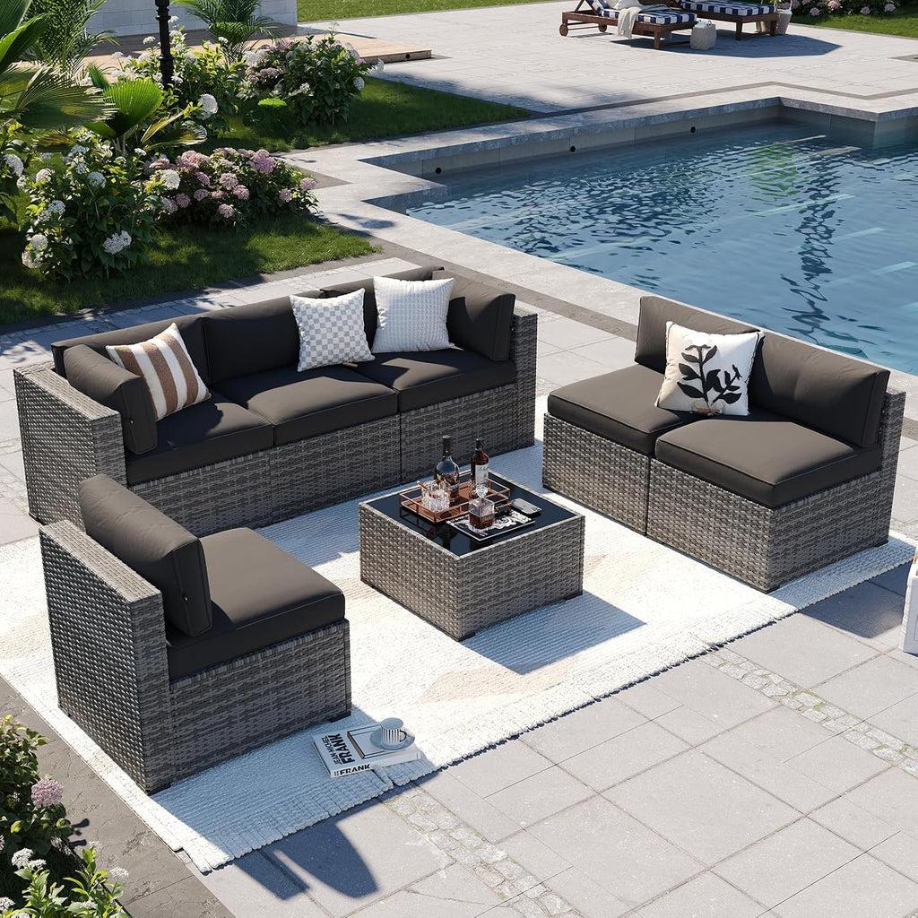 Aoxun Patio Furniture Sets, 7-Piece Outdoor Patio Furniture with Thick Cushions, Wicker Outdoor Conversation Set Sectional Sofa for Backyard, Poolside, Garden (Black-Grey, 7 x 25.6 - Seats)