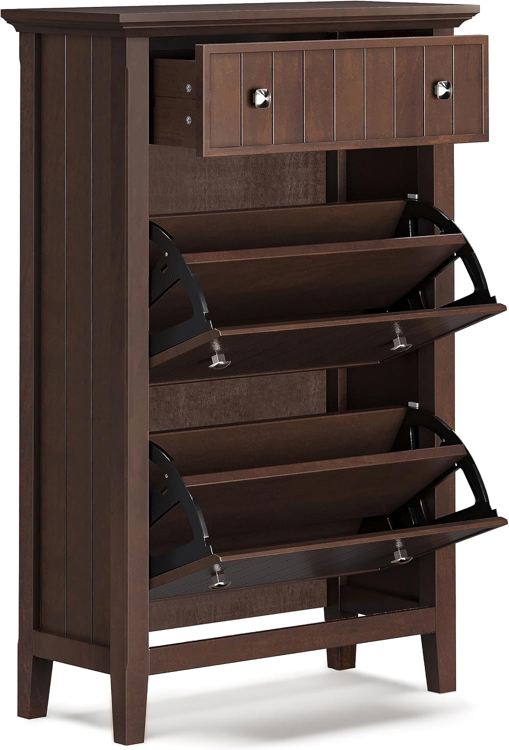 SIMPLIHOME Acadian Storage Cabinet - 32 inch Wide Solid Wood Entryway Shoe Storage Cabinet in Brunette Brown, Transitional Tilt-Out Shoe Organizer for Hallway with Drawer and Brushed Nickel Hardware
