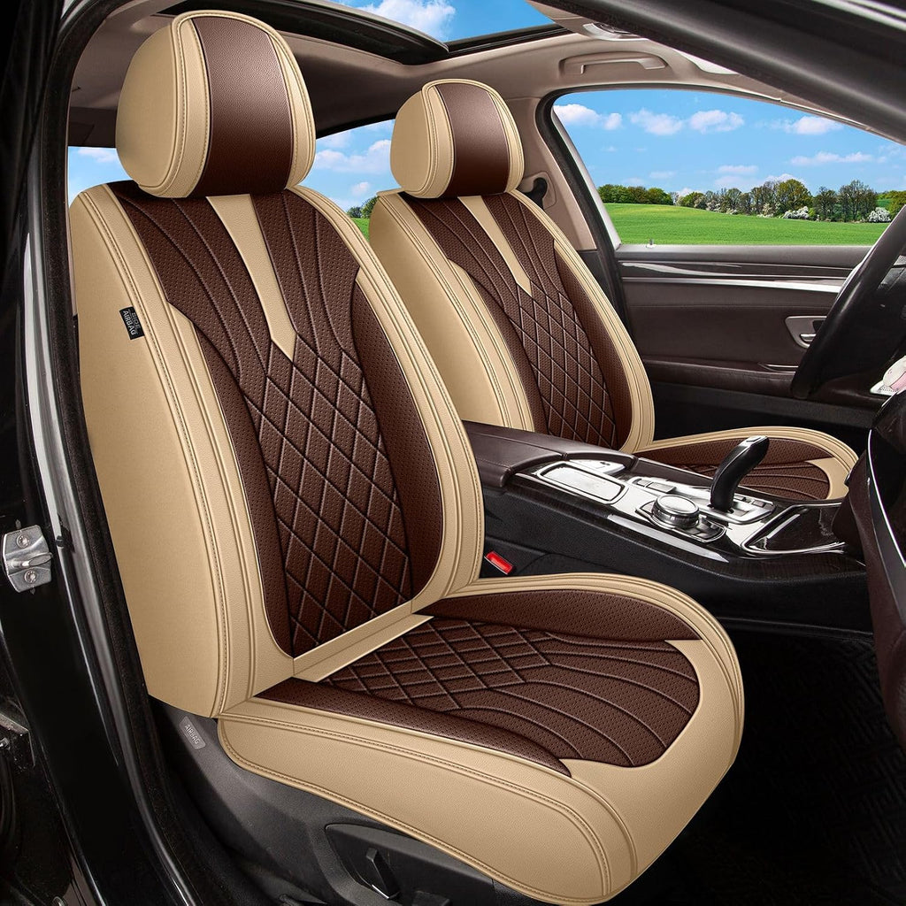 IKABEVEM Breathable Car Seat Covers for Honda Ridgeline 2006-2025 2026, Front Seats, Perforated Leather, Seat Protector, Interior Trim for Honda Ridgeline Accessories (Beige&Brown)
