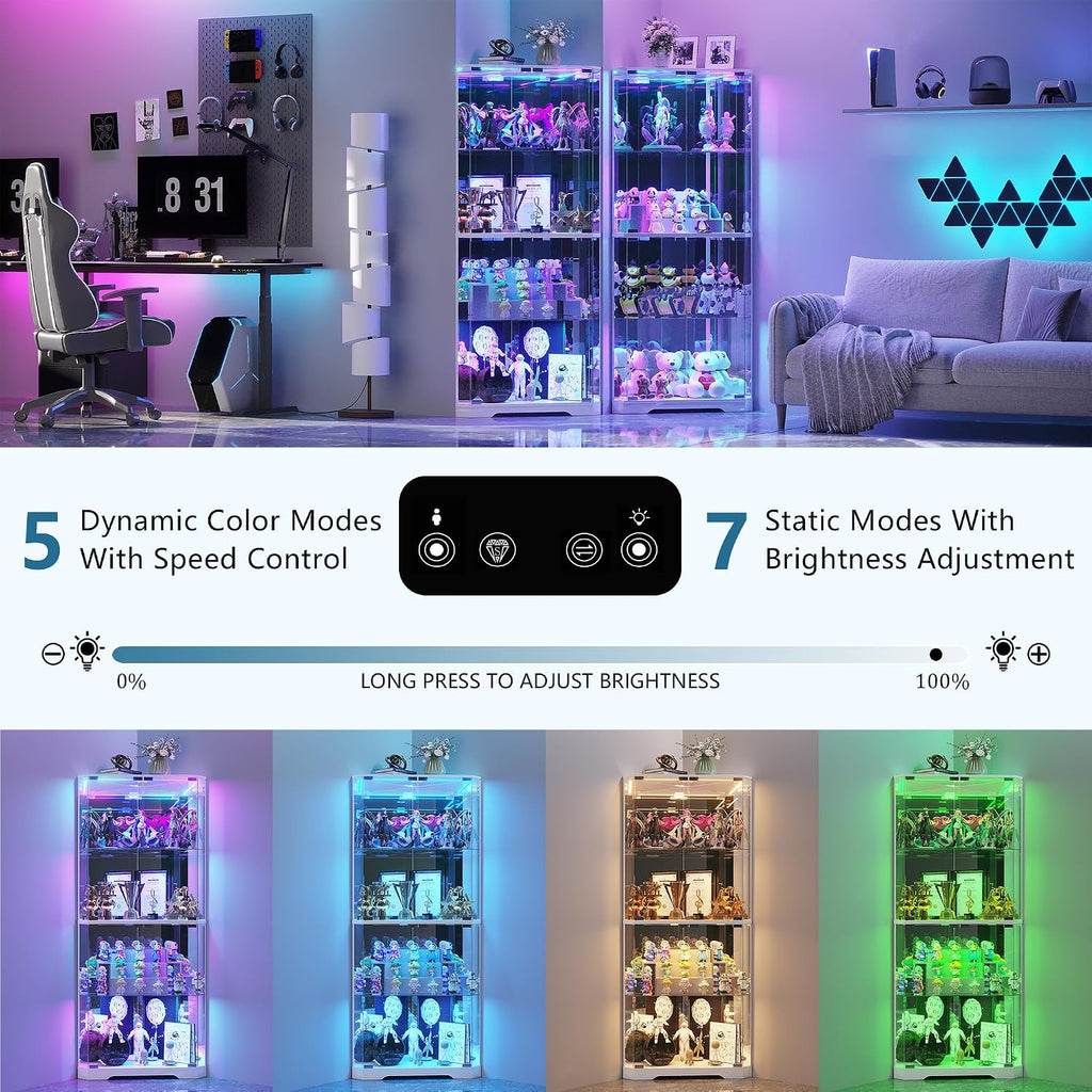 TAGELIER Corner Display Cabinet with Glass Doors, 64.7' Tall Curio Cabinet with RGB Lights for Collectibles, 4-Tier Showcase Display Case with Human Sensor for Toys, Books, White