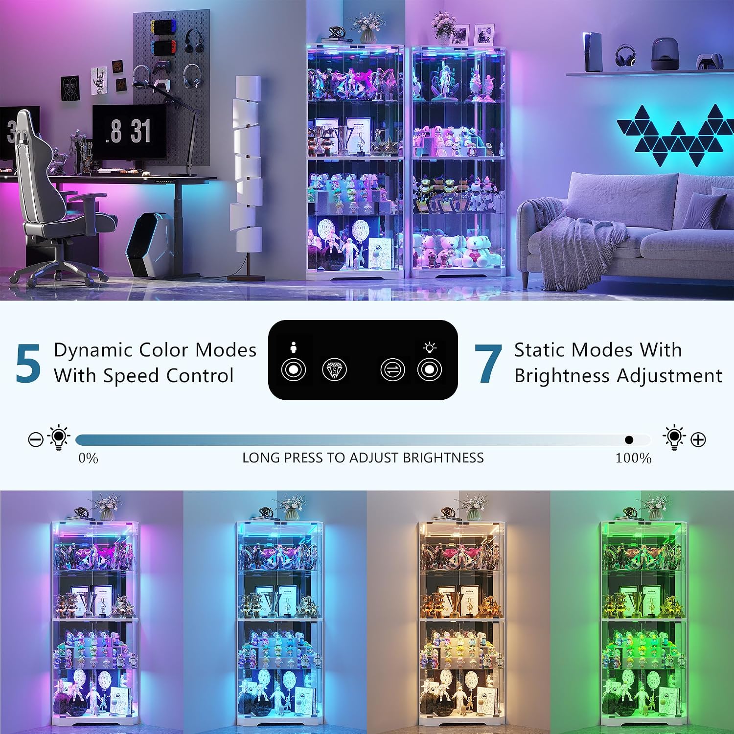 TAGELIER Corner Display Cabinet with Glass Doors, 64.7' Tall Curio Cabinet with RGB Lights for Collectibles, 4-Tier Showcase Display Case with Human Sensor for Toys, Books, White
