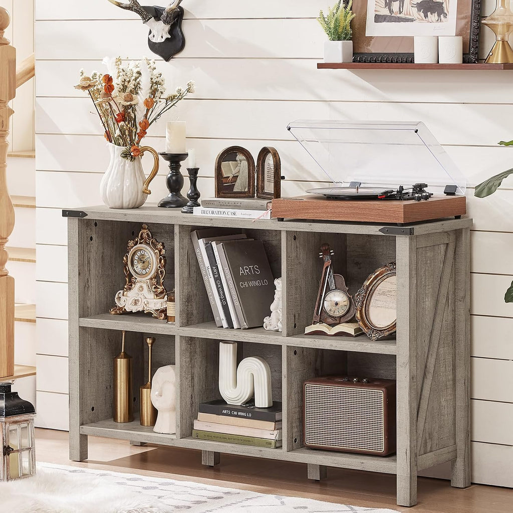 Joaxswe Farmhouse 6 Cube Bookshelf, Rustic Grey Oak Wooden Storage Organizer Book Shelf, 47 Inch Cubby Hallway Bookcase, Kids Toy Storage Cabinet, Modern Open Book Case for Living Room, Hallway